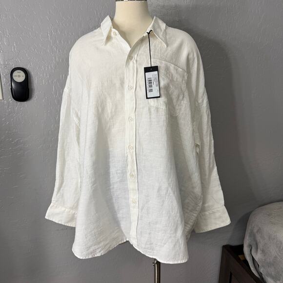 R13 Women's White Drop Neck Linen Blend Button-Up Shirt, Large - Picture 1 of 7